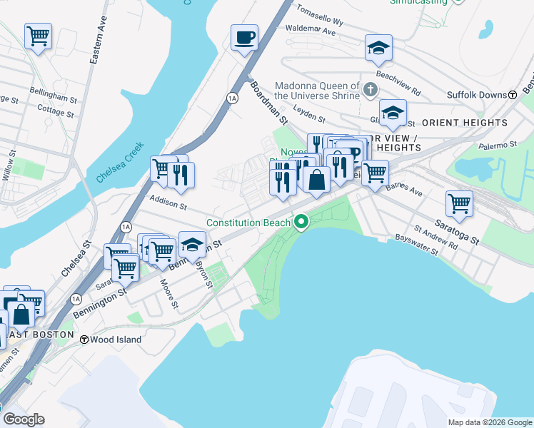 map of restaurants, bars, coffee shops, grocery stores, and more near 738 Bennington Street in Boston