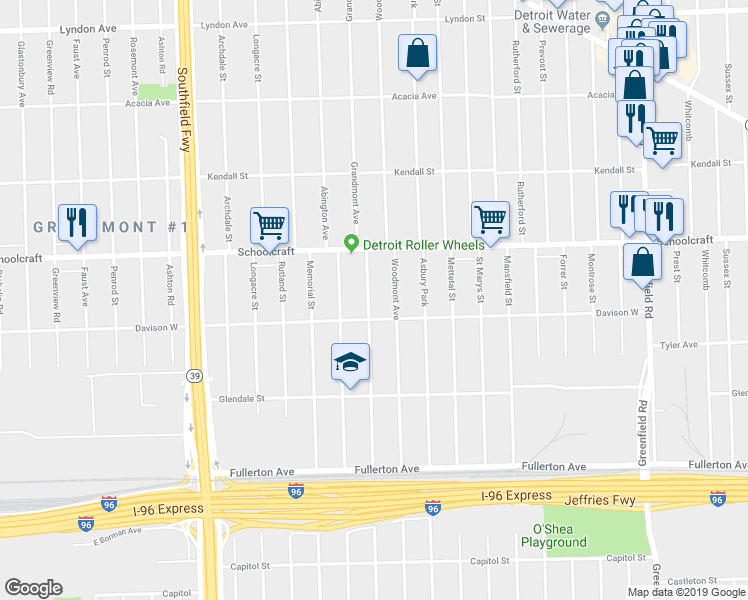 map of restaurants, bars, coffee shops, grocery stores, and more near 13540 Grandmont Avenue in Detroit