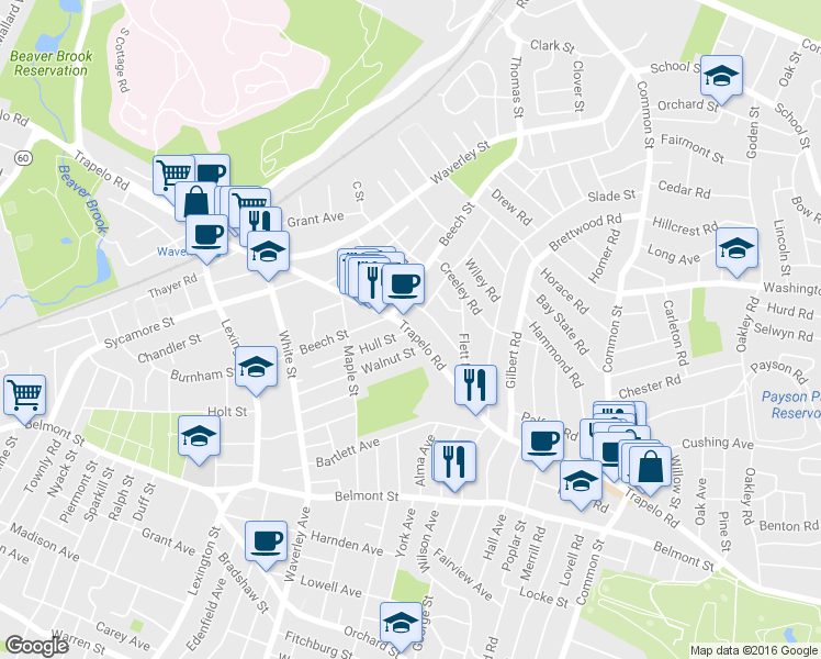 map of restaurants, bars, coffee shops, grocery stores, and more near Trapelo Rd & Hull St in Belmont