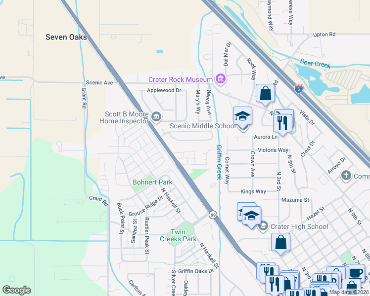 map of restaurants, bars, coffee shops, grocery stores, and more near 337 Brookhaven Drive in Central Point