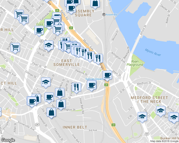 map of restaurants, bars, coffee shops, grocery stores, and more near 29 Mt Vernon St in Somerville
