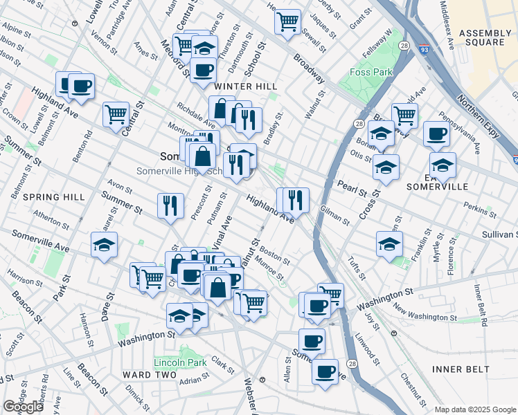 map of restaurants, bars, coffee shops, grocery stores, and more near 40 Highland Avenue in Somerville