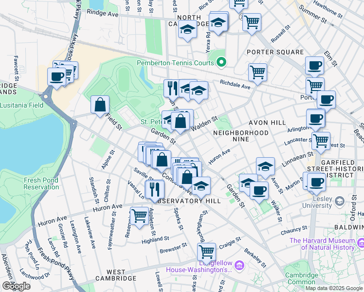 map of restaurants, bars, coffee shops, grocery stores, and more near 9 Stearns Street in Cambridge