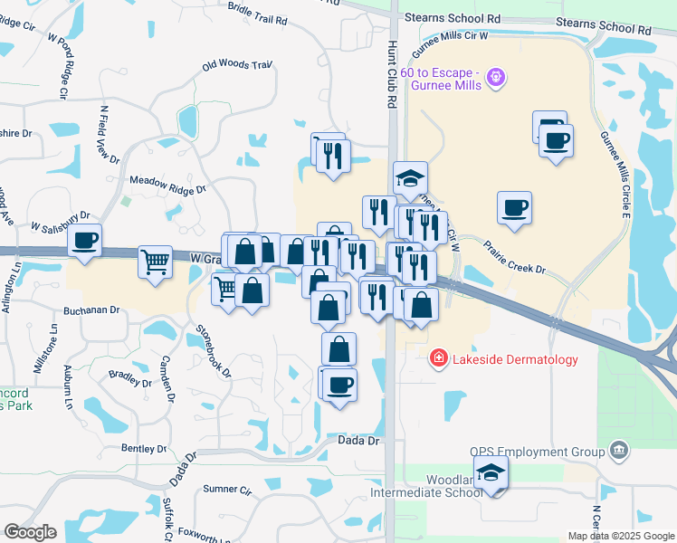 map of restaurants, bars, coffee shops, grocery stores, and more near 6601 Grand Avenue in Gurnee