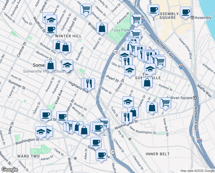 map of restaurants, bars, coffee shops, grocery stores, and more near 83 Flint Street in Somerville