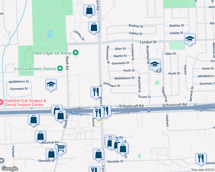 map of restaurants, bars, coffee shops, grocery stores, and more near 33132 Summers Street in Livonia