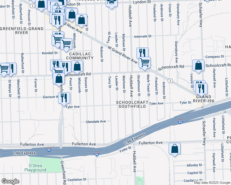 map of restaurants, bars, coffee shops, grocery stores, and more near 13304 Lauder Street in Detroit