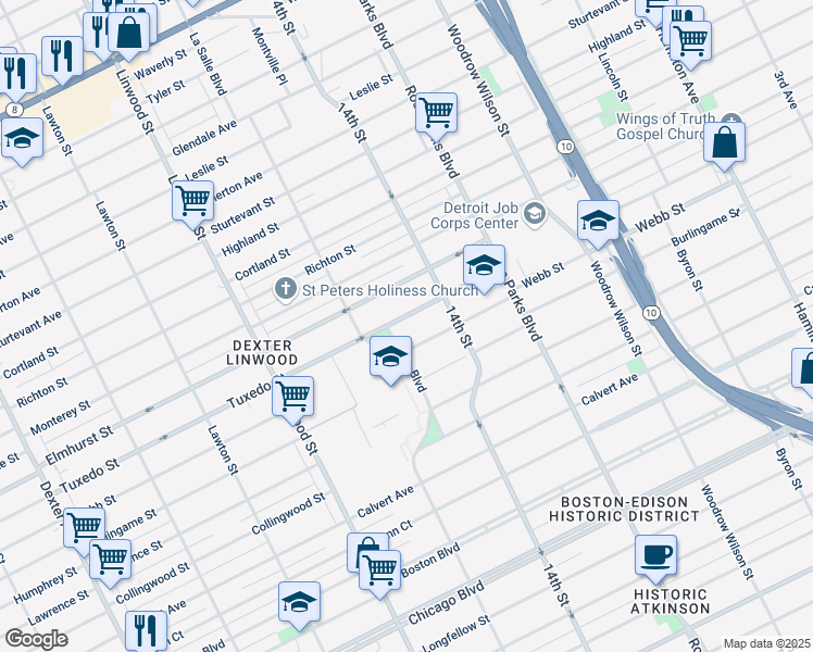 map of restaurants, bars, coffee shops, grocery stores, and more near 2299 Tuxedo Street in Detroit