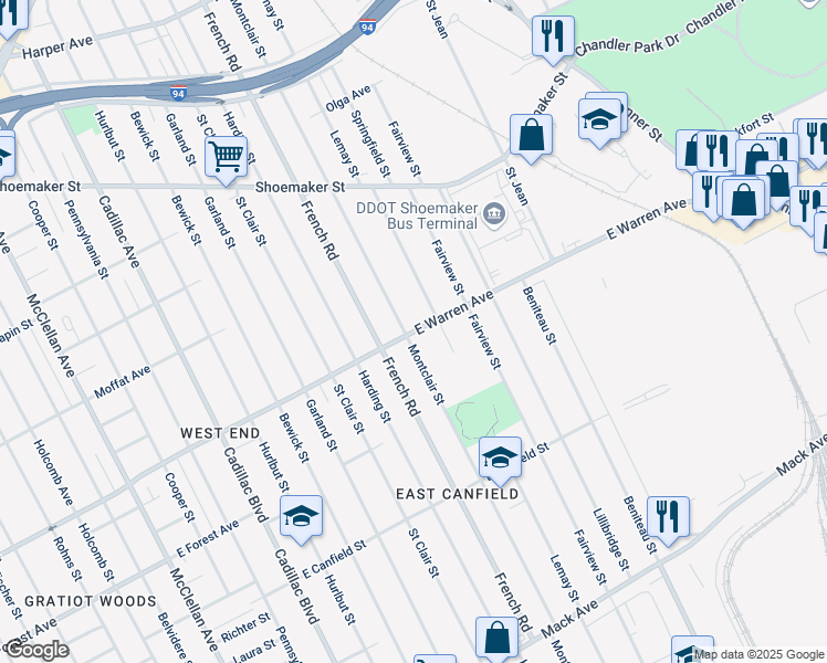 map of restaurants, bars, coffee shops, grocery stores, and more near East Warren Avenue in Detroit