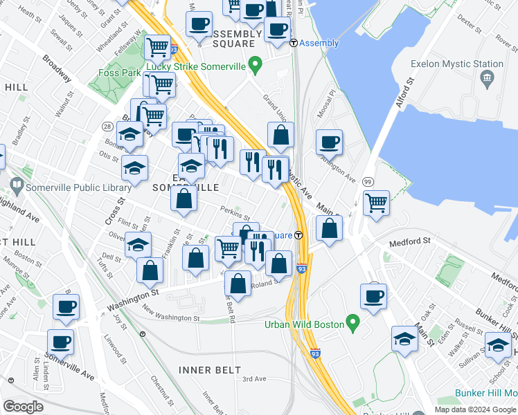 map of restaurants, bars, coffee shops, grocery stores, and more near 24 Mount Vernon Street in Somerville