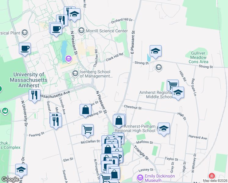 map of restaurants, bars, coffee shops, grocery stores, and more near 55 Mount Pleasant in Amherst
