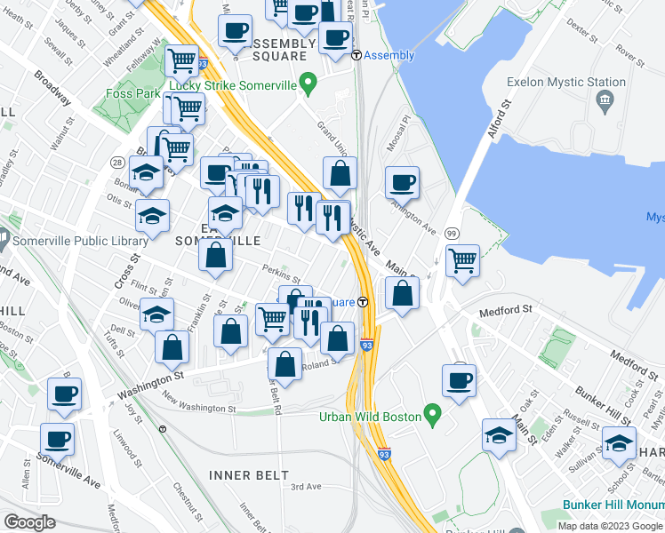 map of restaurants, bars, coffee shops, grocery stores, and more near 22 Mount Pleasant Street in Somerville