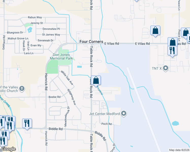 map of restaurants, bars, coffee shops, grocery stores, and more near 4712 Table Rock Road in Central Point
