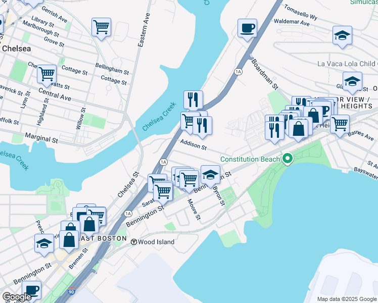 map of restaurants, bars, coffee shops, grocery stores, and more near 103 Addison Street in Boston