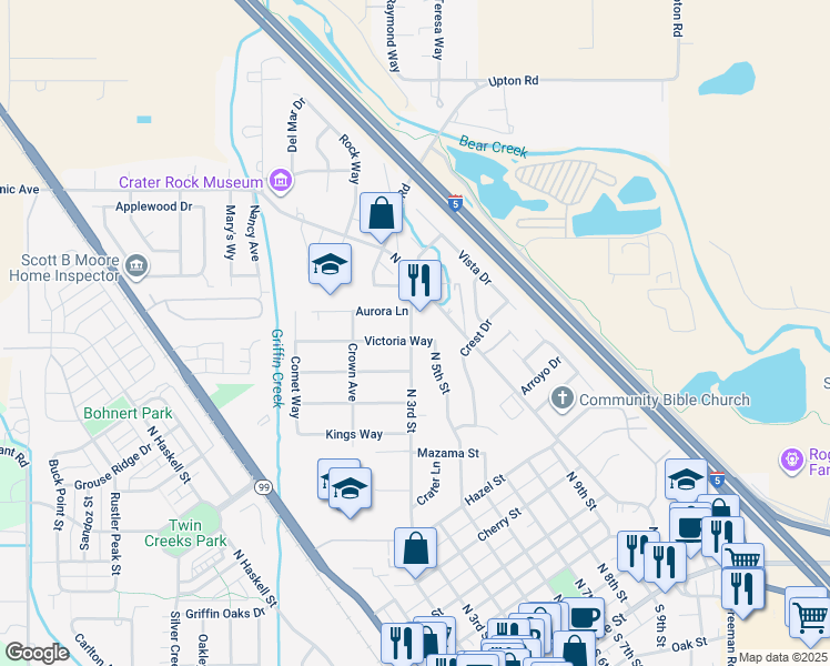 map of restaurants, bars, coffee shops, grocery stores, and more near 93 Victoria Way in Central Point
