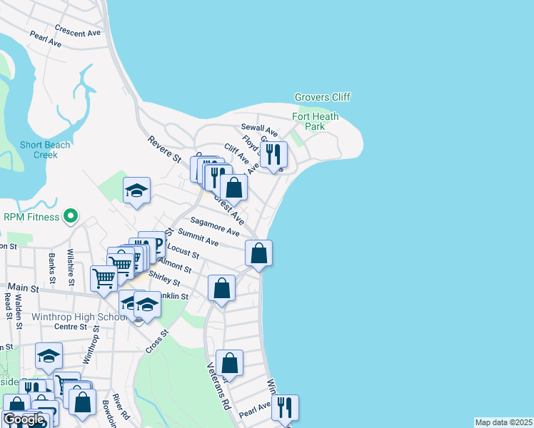 map of restaurants, bars, coffee shops, grocery stores, and more near 73 Grovers Avenue in Winthrop