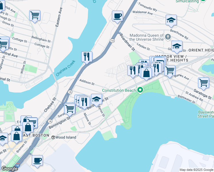 map of restaurants, bars, coffee shops, grocery stores, and more near 144 Addison Street in Boston