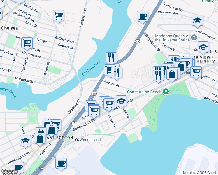 map of restaurants, bars, coffee shops, grocery stores, and more near 103 Addison Street in Boston