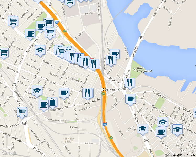 map of restaurants, bars, coffee shops, grocery stores, and more near 89 Brighton Street in Boston