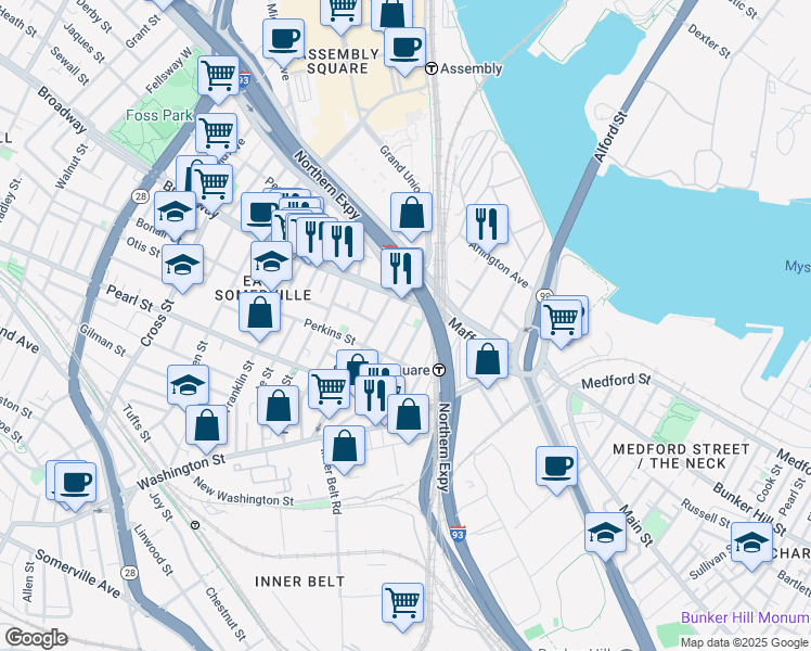 map of restaurants, bars, coffee shops, grocery stores, and more near 16 Mount Vernon Street in Somerville