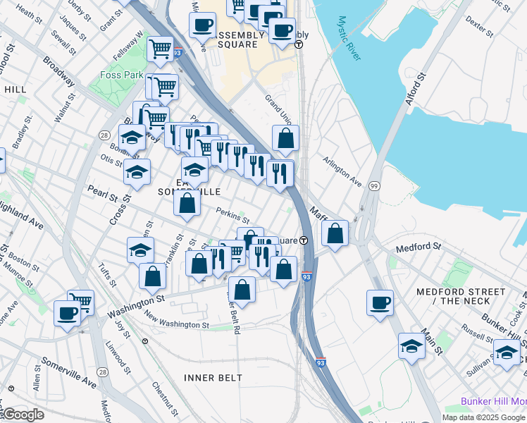 map of restaurants, bars, coffee shops, grocery stores, and more near 16 Mount Vernon Street in Somerville