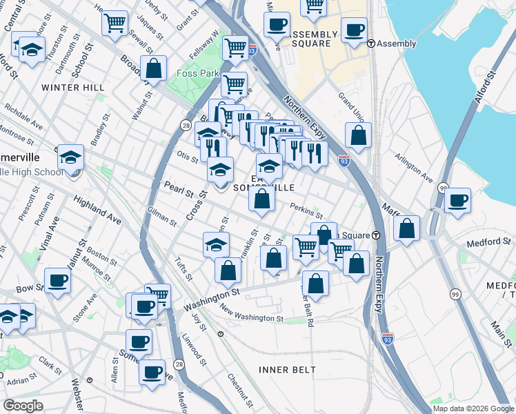 map of restaurants, bars, coffee shops, grocery stores, and more near 16 Webster Street in Somerville