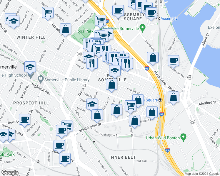 map of restaurants, bars, coffee shops, grocery stores, and more near 16 Webster Street in Somerville