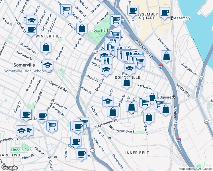 map of restaurants, bars, coffee shops, grocery stores, and more near 104 Pearl Street in Somerville