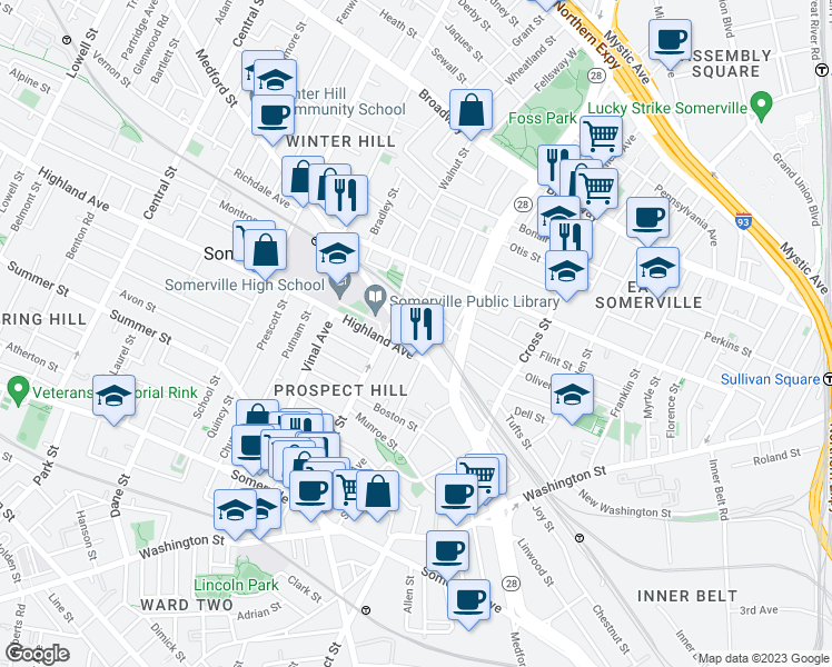 map of restaurants, bars, coffee shops, grocery stores, and more near 285 Medford Street in Somerville