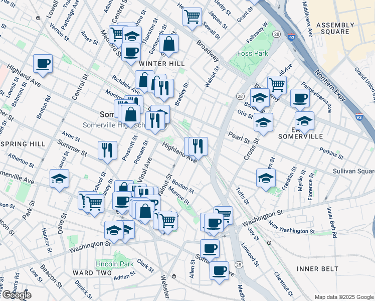 map of restaurants, bars, coffee shops, grocery stores, and more near 350 Medford Street in Somerville