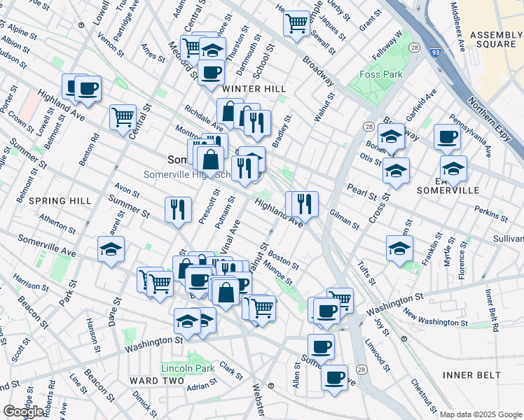 map of restaurants, bars, coffee shops, grocery stores, and more near 50 Highland Avenue in Somerville