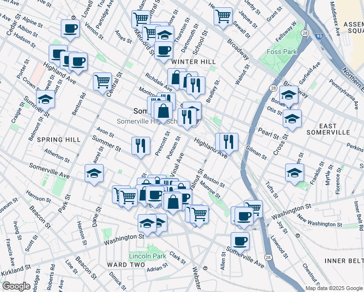 map of restaurants, bars, coffee shops, grocery stores, and more near 61 Putnam Street in Somerville