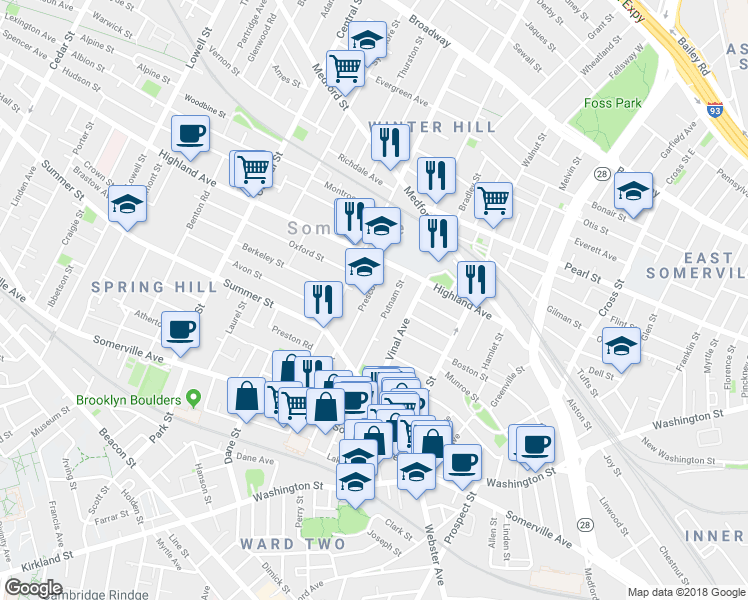 map of restaurants, bars, coffee shops, grocery stores, and more near 44 Prescott Street in Somerville