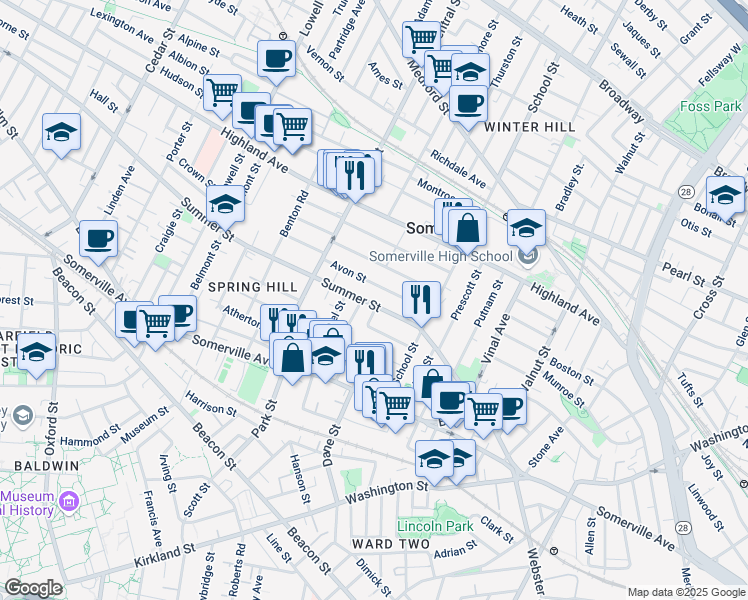 map of restaurants, bars, coffee shops, grocery stores, and more near in Somerville