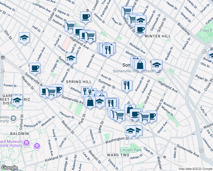 map of restaurants, bars, coffee shops, grocery stores, and more near in Somerville