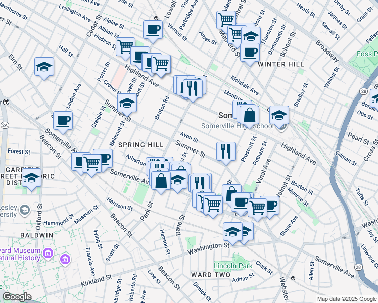 map of restaurants, bars, coffee shops, grocery stores, and more near in Somerville