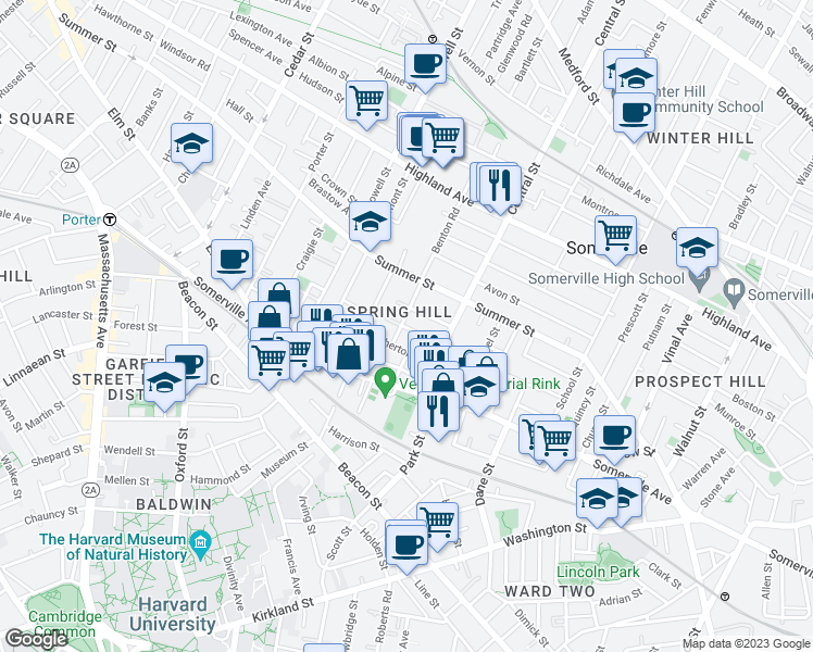 map of restaurants, bars, coffee shops, grocery stores, and more near in Somerville