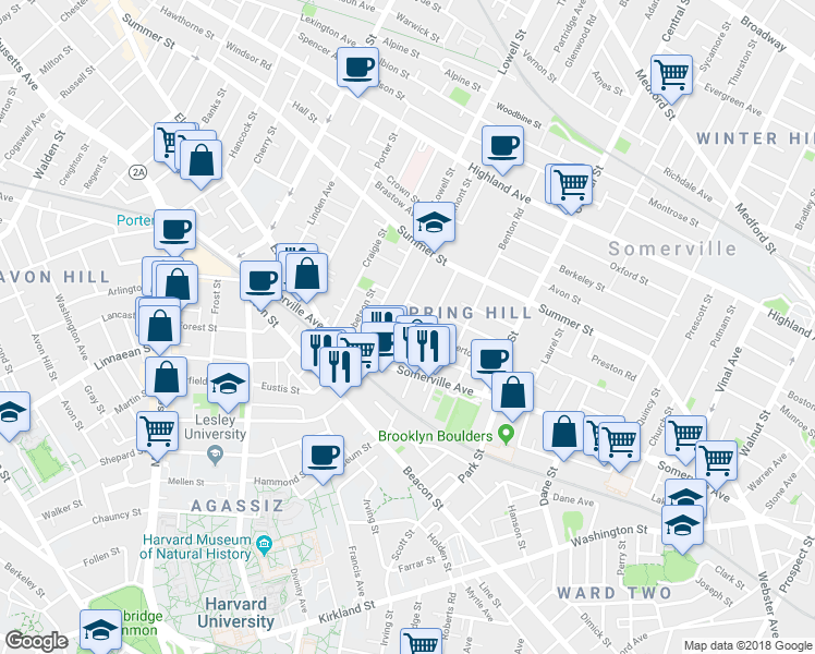 map of restaurants, bars, coffee shops, grocery stores, and more near 22 Belmont Street in Somerville