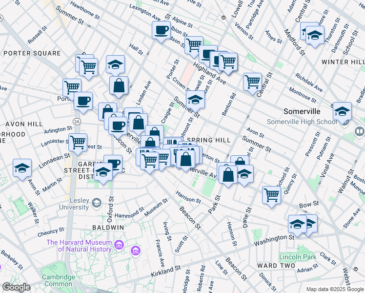 map of restaurants, bars, coffee shops, grocery stores, and more near 22 Belmont Street in Somerville
