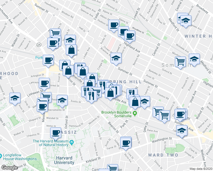 map of restaurants, bars, coffee shops, grocery stores, and more near 22 Belmont Street in Somerville