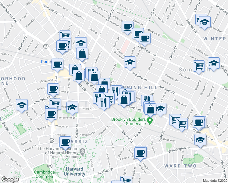 map of restaurants, bars, coffee shops, grocery stores, and more near 22 Belmont Street in Somerville