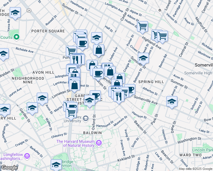 map of restaurants, bars, coffee shops, grocery stores, and more near 345 Beacon Street in Somerville