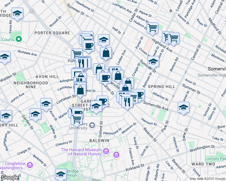map of restaurants, bars, coffee shops, grocery stores, and more near 345 Beacon Street in Somerville