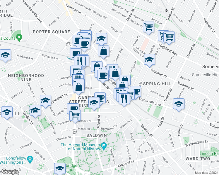 map of restaurants, bars, coffee shops, grocery stores, and more near 345 Beacon Street in Somerville