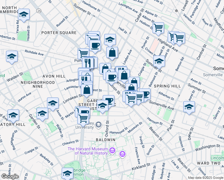 map of restaurants, bars, coffee shops, grocery stores, and more near 345 Beacon Street in Somerville