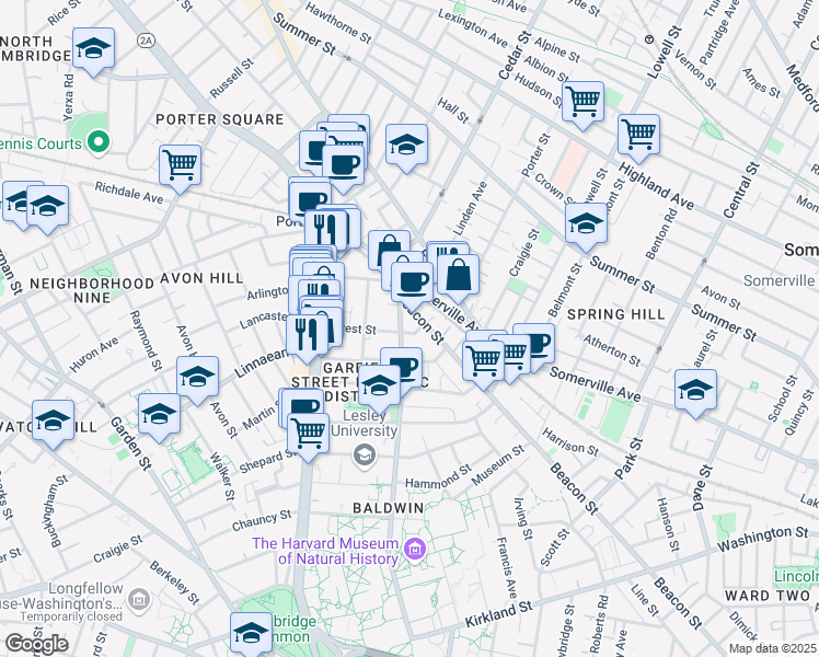 map of restaurants, bars, coffee shops, grocery stores, and more near 133 Oxford Street in Cambridge