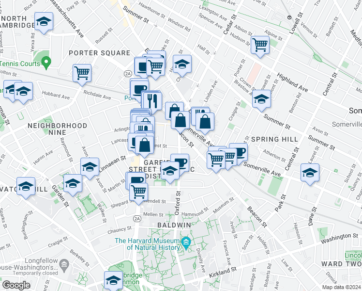 map of restaurants, bars, coffee shops, grocery stores, and more near 133 Oxford Street in Cambridge