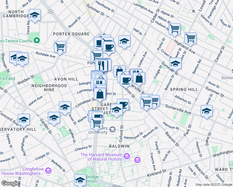 map of restaurants, bars, coffee shops, grocery stores, and more near 133 Oxford Street in Cambridge