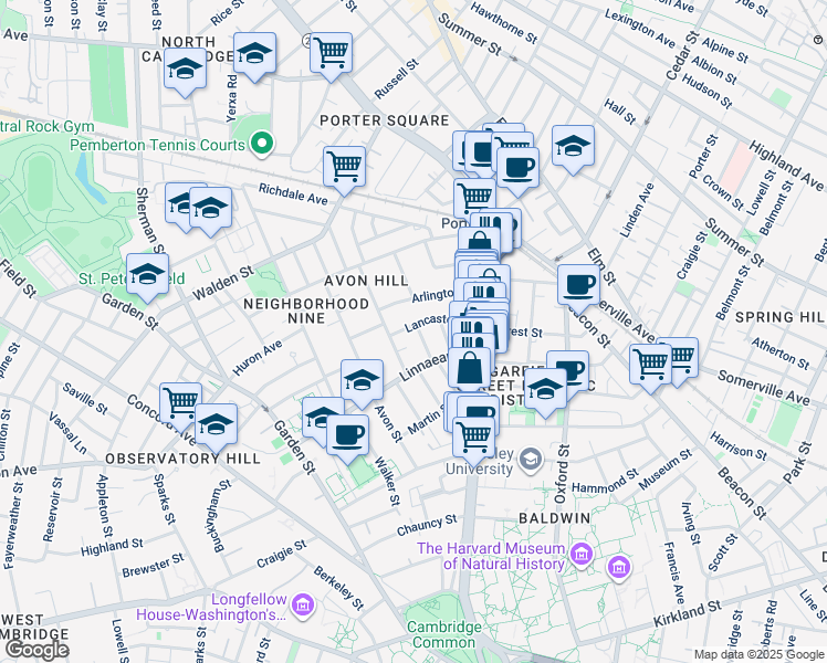 map of restaurants, bars, coffee shops, grocery stores, and more near 32 Lancaster Street in Cambridge