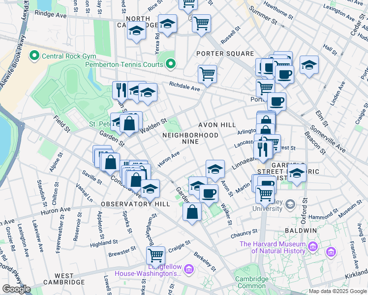 map of restaurants, bars, coffee shops, grocery stores, and more near 6 Bellevue Avenue in Cambridge